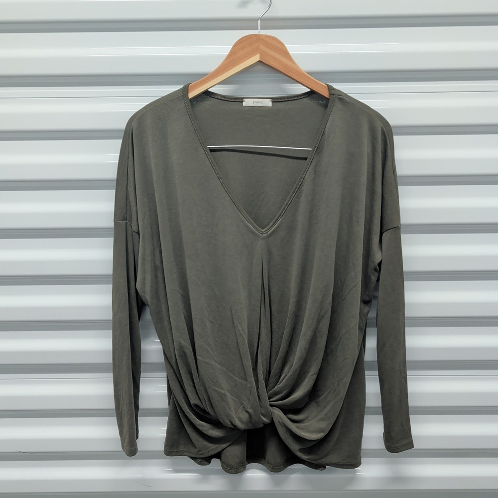 Jodifl Twist Front Top Size S Womens Olive Green Ribbed V-Neck Long Sleeve P7322 — photo 2